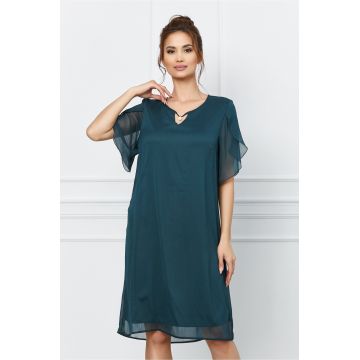 Rochie Liana verde petrol vaporoasa cu perla la decolteu