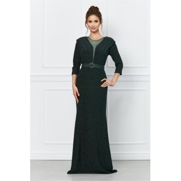 Rochie Luana verde lunga din lurex cu o curea in talie