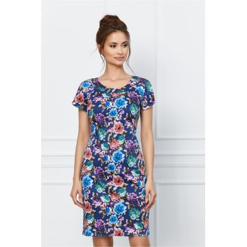 Rochie Sorina bleumarin cu imprimeuri florale colorate