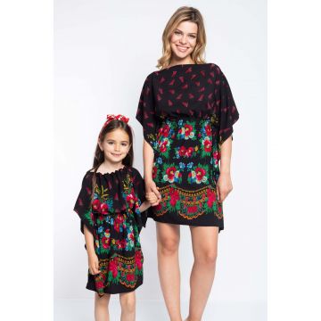 Set rochii mama fiica negru cu model tip folclor