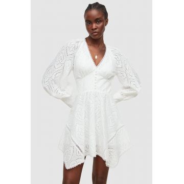 AllSaints rochie din bumbac culoarea alb, mini, evazati