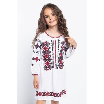 Rochie Traditionala din Bumbac Alb cu Broderie Geometrica