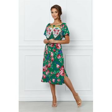 Rochie Moze verde cu imprimeuri florale roz