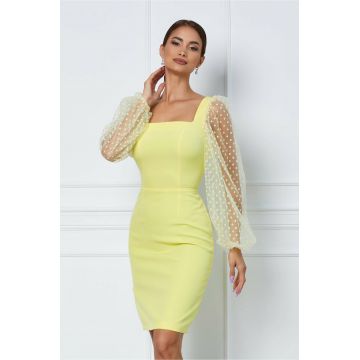 Rochie Dy Fashion galbena cu buline pe maneci