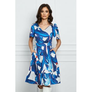 Rochie Moze alba cu imprimeu floral maxi albastru