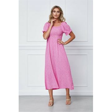 Rochie Mira fucsia cu floricele albe