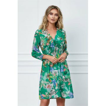 Rochie Xenia verde cu imprimeu exotic