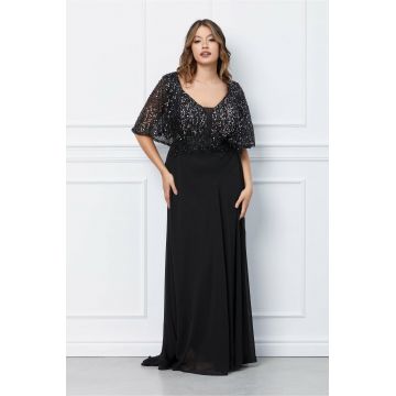 Rochie Anemona lunga neagra cu paiete si broderie la bust