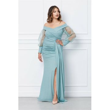 Rochie Aylin lunga verde mint cu glitter