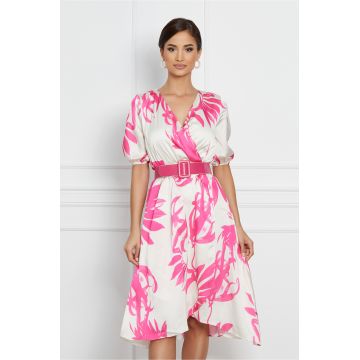 Rochie Denisa ivory cu imprimeuri fucsia