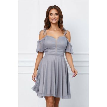 Rochie Maya gri cu glitter si umeri goi