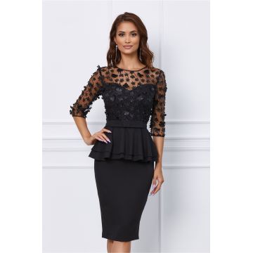 Rochie MBG neagra cu peplum si aplicatii florale la bust