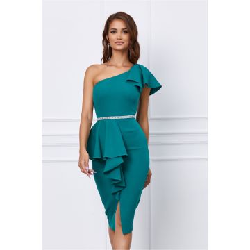 Rochie MBG verde cu peplum tip volanas frontal si strasuri in talie