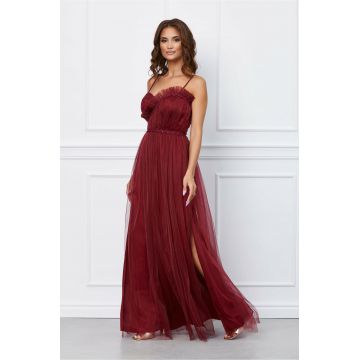 Rochie Tiara bordo cu broderie si volanas la bust