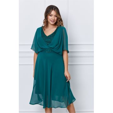 Rochie Damiana verde cu broderie si fir lurex la bust