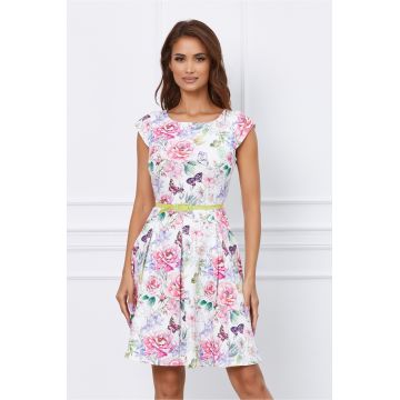 Rochie Ella alba cu imprimeu floral si fluturi