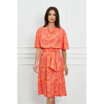 Rochie Larisa fucsia cu imprimeuri orange