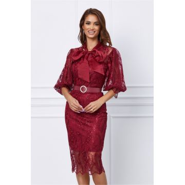 Rochie Miriam bordo din dantela cu guler tip esarfa