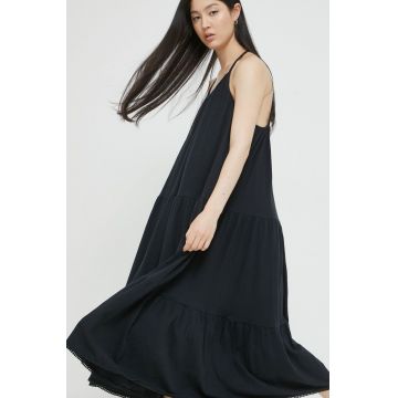 Superdry rochie din amestec de in culoarea negru, midi, evazati