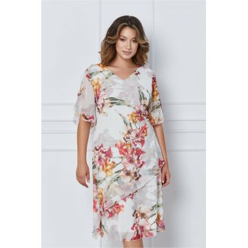 Rochie Hermina alba cu imprimeu floral rosu si design cu volanas