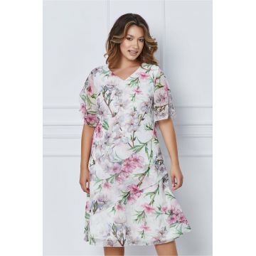 Rochie Hermina alba cu imprimeu floral roz si design cu volanas