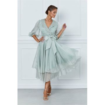 Rochie Iarina verde mint cu perlute si strasuri la bust