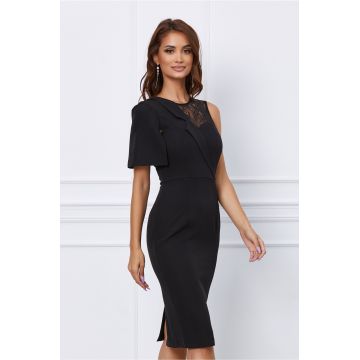 Rochie Moze neagra cu insertii din dantela si aplicatie tip rever