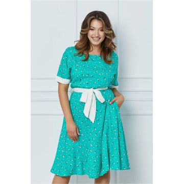 Rochie Tamara verde cu floricele si cordon alb