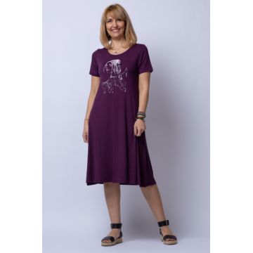 Rochie A line midi, bordo din tricot cu imprimeu chip de fata