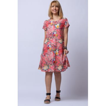 Rochie A line midi, silky, cu imprimeu floral pe fundal rosu