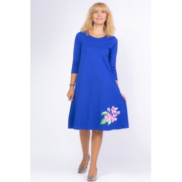 Rochie albastra A line midi, cu imprimeu floare picturala