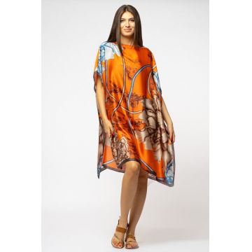 Rochie de plaja tip poncho din matase cu imprimeu abstract pe fond portocaliu