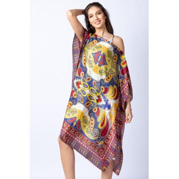 Rochie de plaja tip poncho din matase cu imprimeu arabesque pe fond bordo - albastru