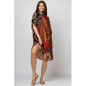 Rochie de plaja tip poncho din matase cu Pomul Vietii pe fond rosu