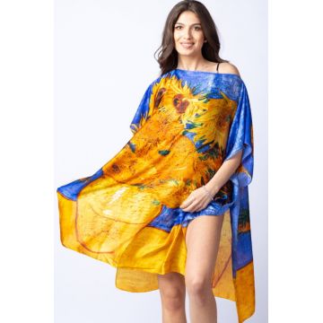Rochie de plaja tip poncho din matase cu stilizare   Floarea Soarelui   pe fond albastru