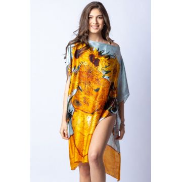 Rochie de plaja tip poncho din matase cu stilizare   Floarea Soarelui   pe fond gri