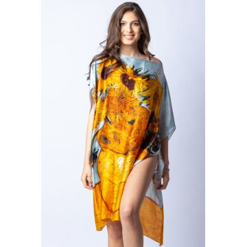 Rochie de plaja tip poncho din matase cu stilizare   Floarea Soarelui   pe fond gri