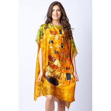 Rochie de plaja tip poncho din matase cu stilizare   Sarutul   pe fond galben