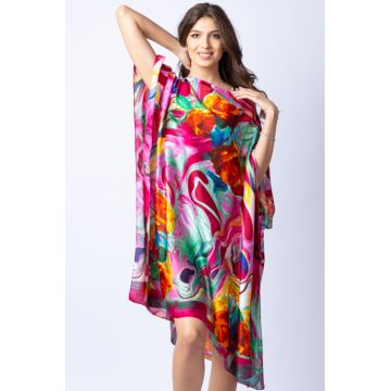 Rochie de plaja tip poncho din matase cu trandafiri orange pe fond fucsia