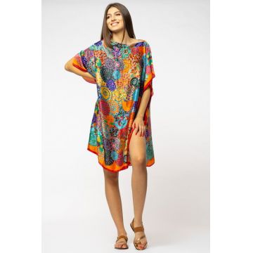 Rochie de plaja tip poncho din matase imprimat cu mandale multicolore