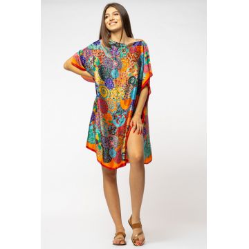 Rochie de plaja tip poncho din matase imprimat cu mandale multicolore