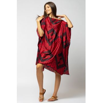 Rochie de plaja tip poncho din matase imprimat cu model geometric rosu si negru