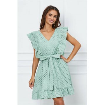 Rochie Dy Fashion verde mint cu detalii florale si volane