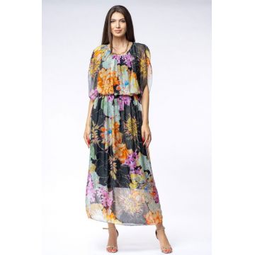 Rochie lunga, cu imprimeu floral 3D  pe fond negru, din matase si vascoza
