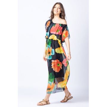 Rochie lunga, cu imprimeu floral multicolor pe fond negru, din matase si vascoza
