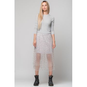 Rochie lunga din jerse gri cu tulle si perlute Rochie lunga din jerse gri cu tulle si perlute