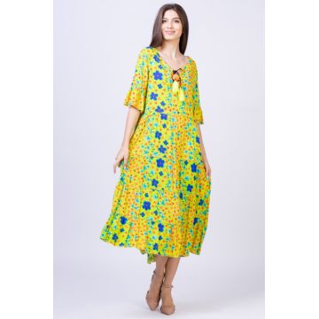 Rochie lunga lime cu imprimeu floral multicolor, din vascoza