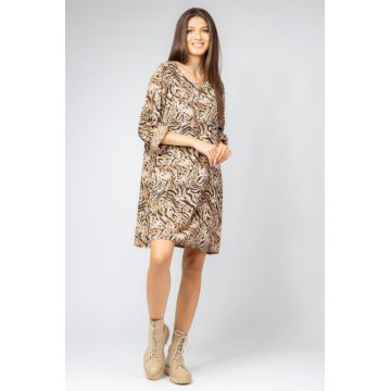 Rochie scurta din vascoza cu imprimeu animal print, bej