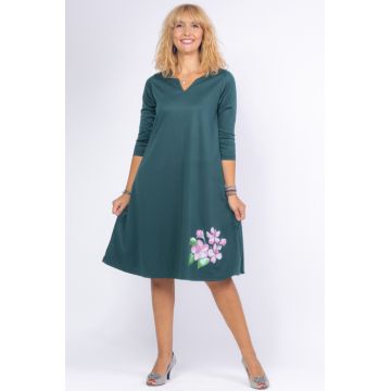 Rochie verde A line midi, cu imprimeu floare picturala