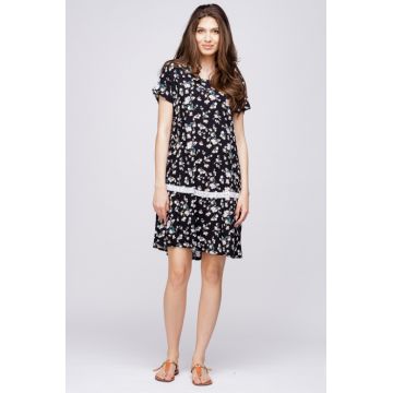 Rochie A line midi, cu imprimeu floricele pe fond negru